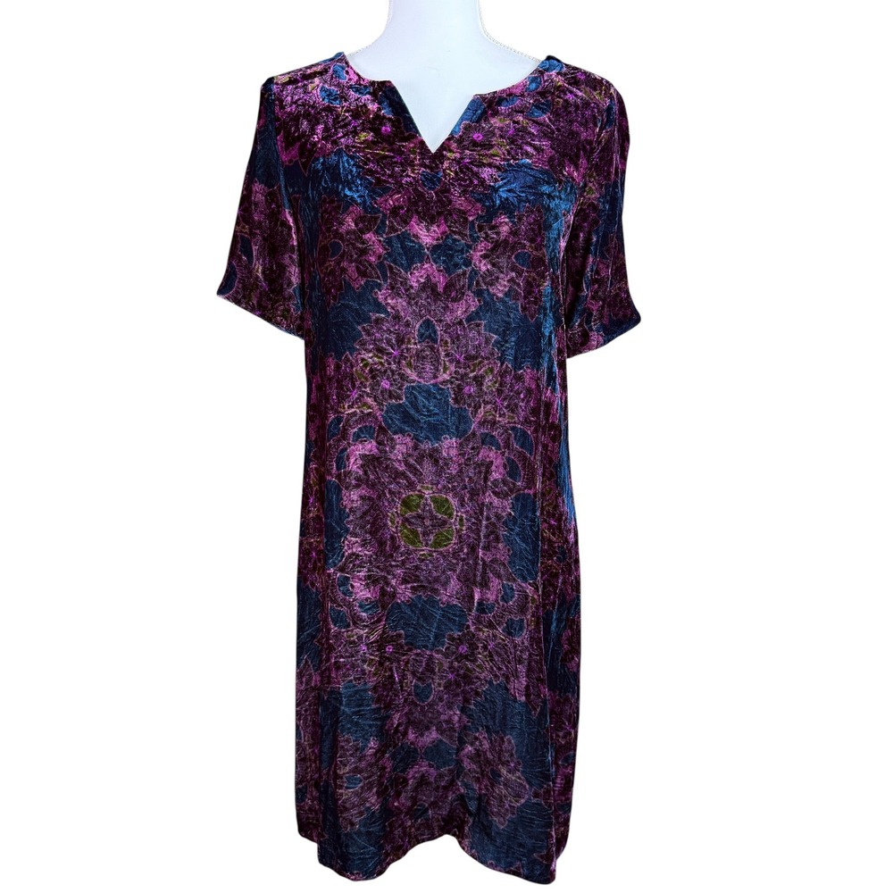 Sundance Purple Teal Silk Blend Velvet Floral Medallion Shift Dress Womens XS